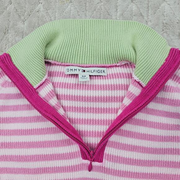 VTG Tommy Hilfiger Sweater Womens Small 1/4 Zip Y2K Preppy Collar Striped Pink - Picture 2 of 6